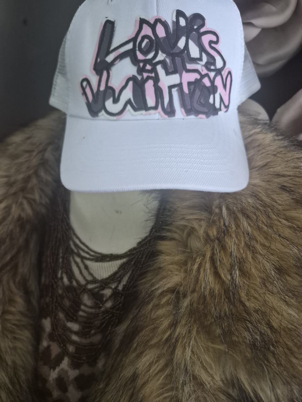 White Graphic Trucker Hat with Pink & Purple Graffiti Script
